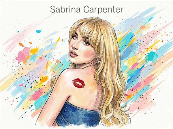 サブリナ・カーペンターのカラフルな水彩風ポートレートイラスト