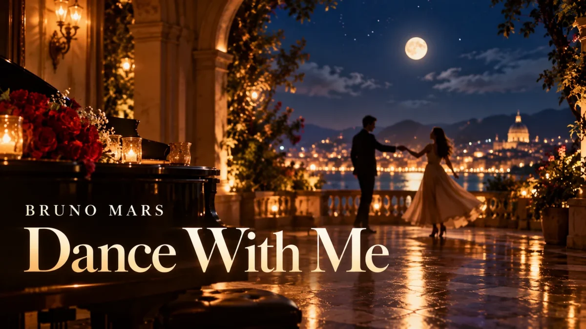ブルーノ・マーズ「Dance With Me」のアイキャッチ画像。夜のテラスで二人が再び手を取り合おうとするロマンチックな場面