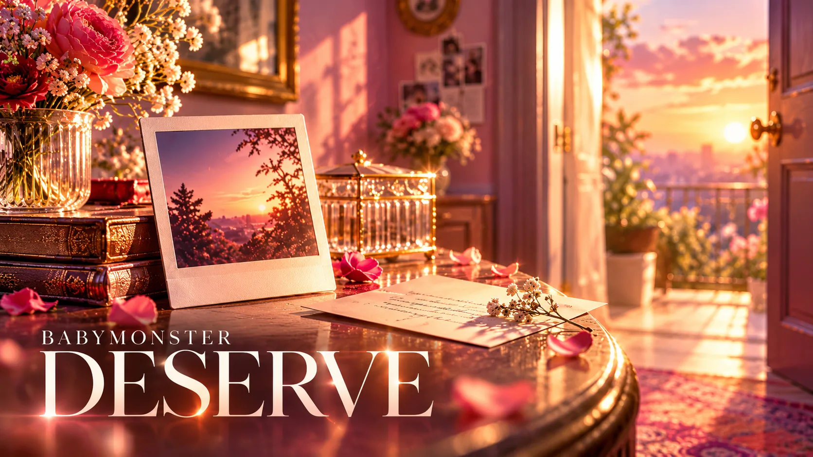 BABYMONSTER「DESERVE」の文字と、夕暮れの光に包まれた花・写真・手紙を描いたアイキャッチ画像