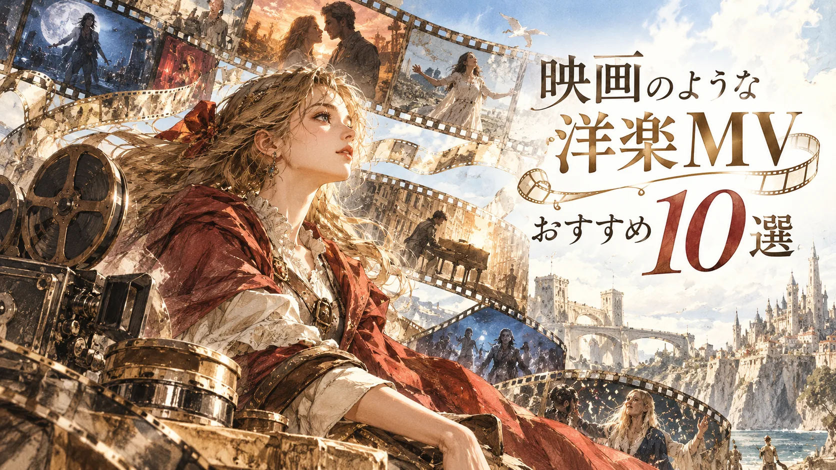 映画フィルムと撮影機材、赤いマントの女性を描いたイラスト。「映画のような洋楽MV おすすめ10選」の文字入りアイキャッチ画像