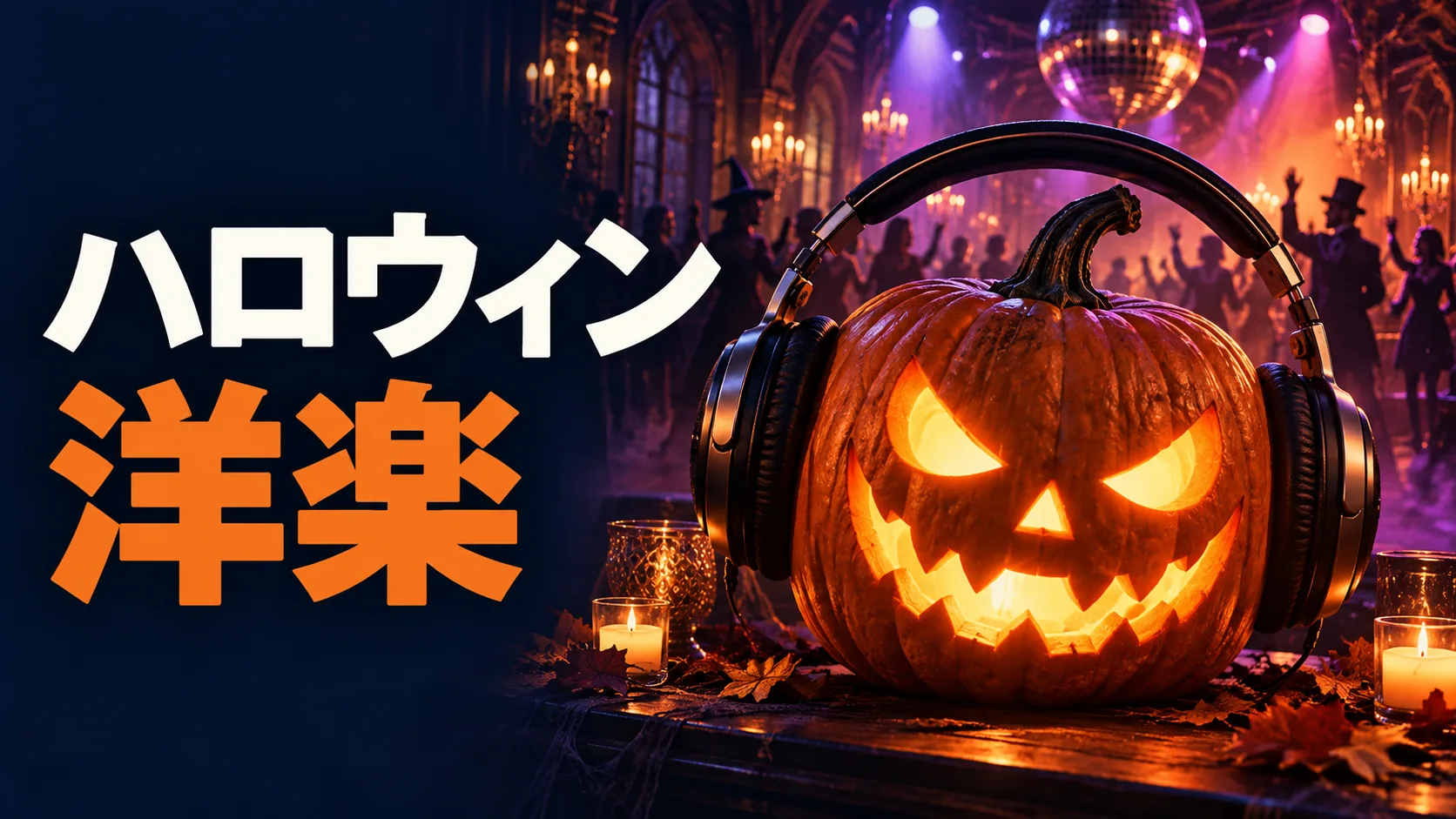 ヘッドホンを着けた光るカボチャと、仮装した人々が踊る洋館。「ハロウィン 洋楽」の文字を配した画像
