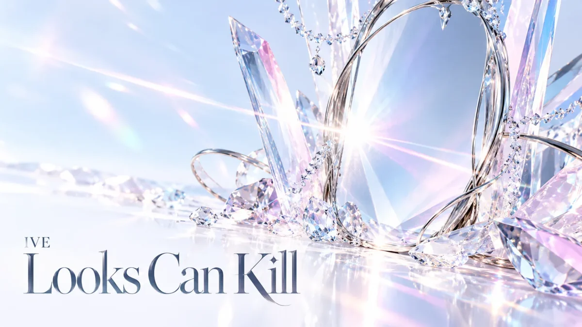 IVE「Looks Can Kill」をイメージした、鏡とクリスタルが輝く明るいアイキャッチ画像
