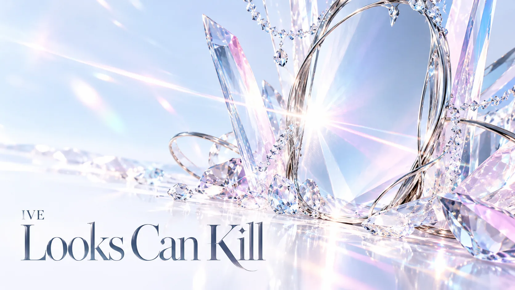 IVE「Looks Can Kill」をイメージした、鏡とクリスタルが輝く明るいアイキャッチ画像