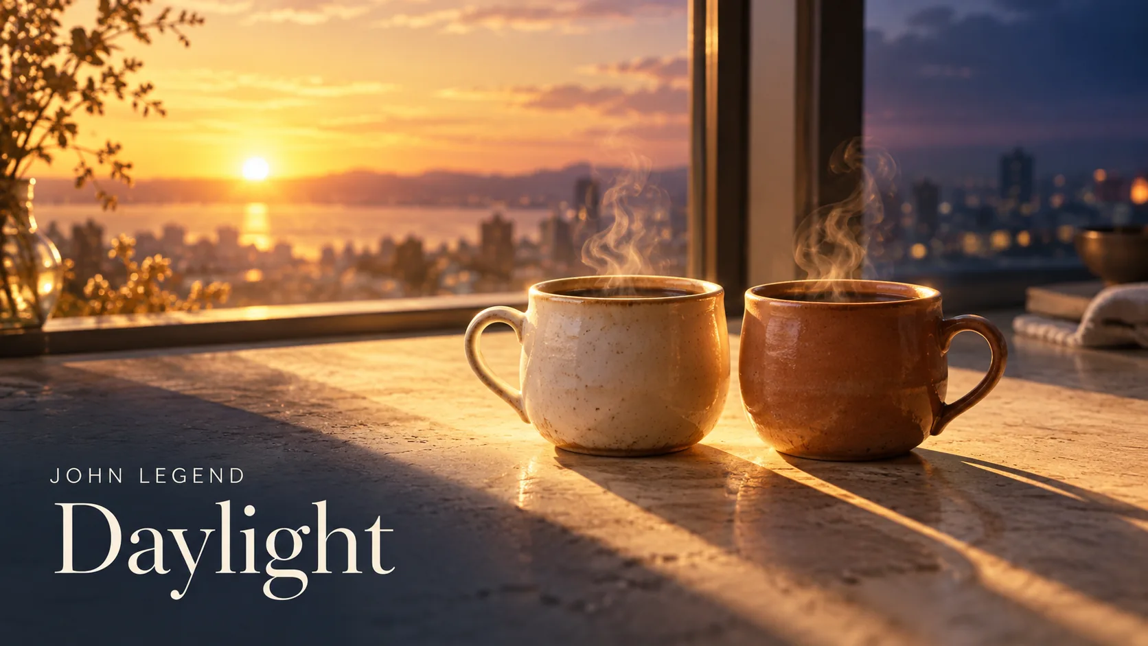 朝日が差し込む窓辺に湯気の立つ2つのマグカップを並べ、JOHN LEGENDとDaylightの文字を配した画像