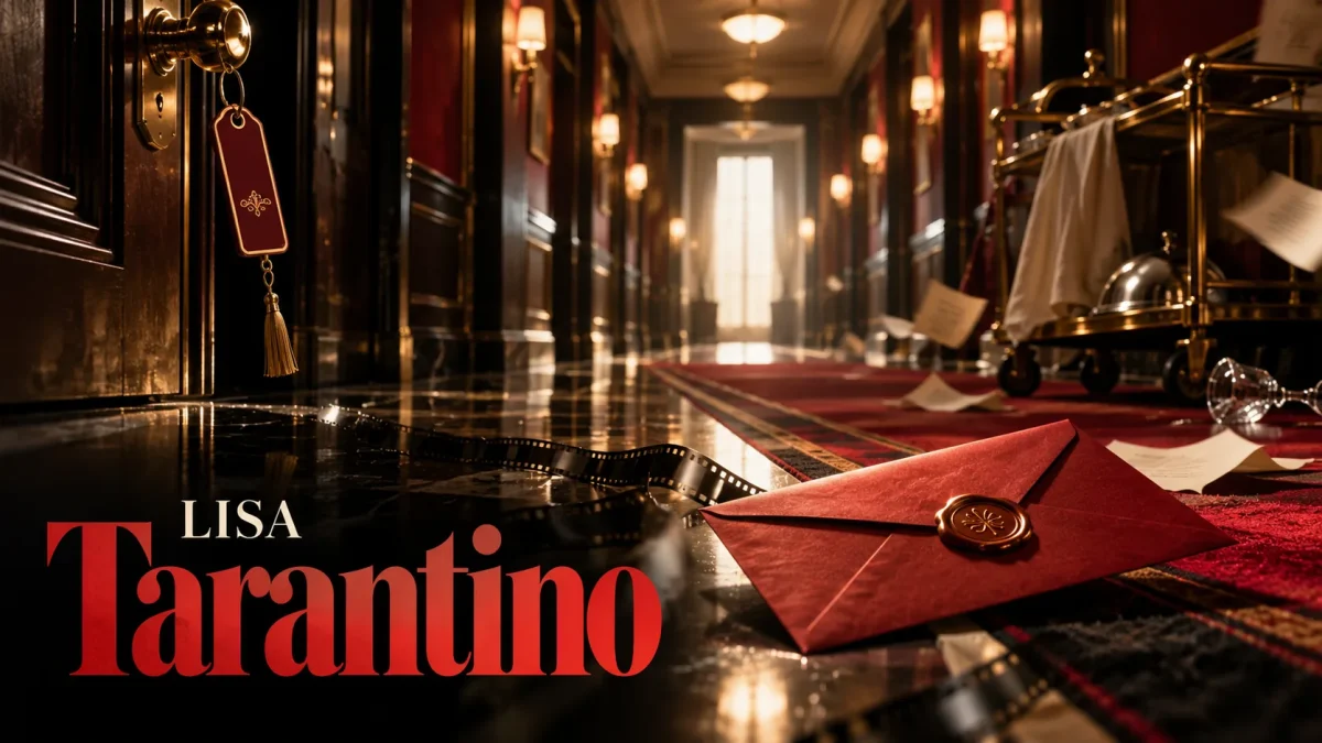 LISA「Tarantino」のアイキャッチ画像。赤い封筒とフィルムが置かれた映画風のホテルの廊下に、LISAとTarantinoの文字が描かれている。
