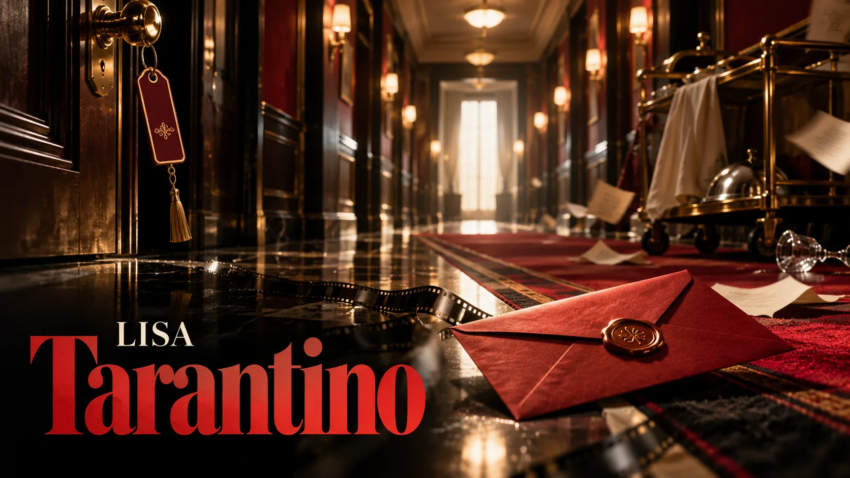 LISA「Tarantino」のアイキャッチ画像。赤い封筒とフィルムが置かれた映画風のホテルの廊下に、LISAとTarantinoの文字が描かれている。