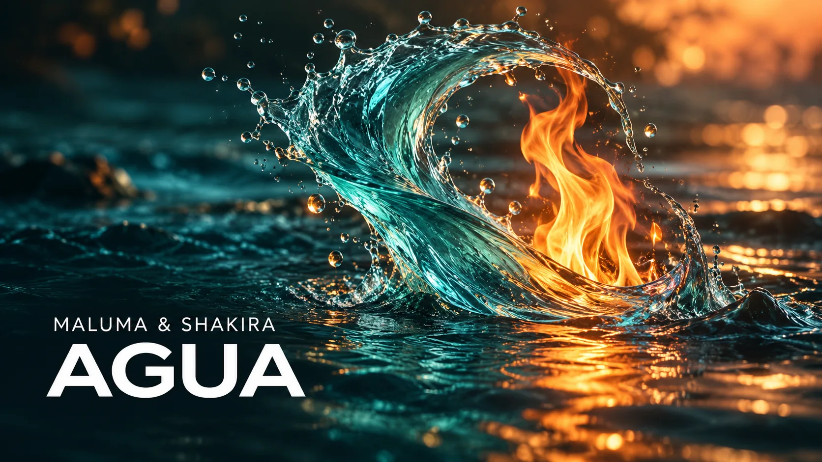 青い水しぶきがオレンジ色の炎を包み、MALUMA & SHAKIRAとAGUAの文字を配した画像
